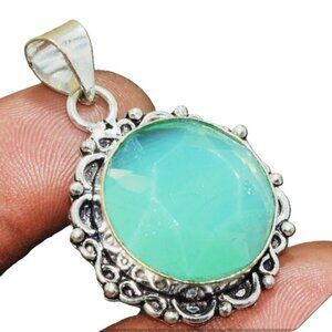 Green Glass Gemstone Ethnic Handmade Pendant 925 Silver Box chain Necklace 1.75"